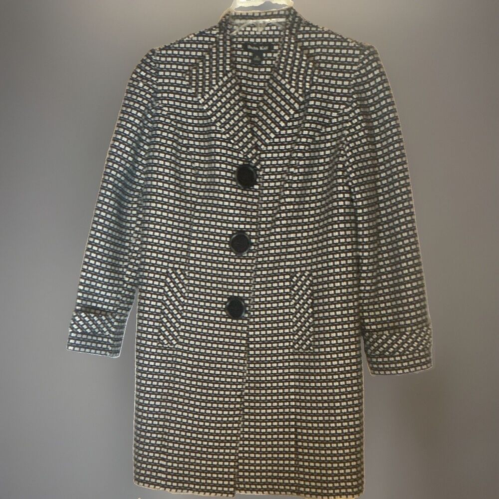 Dana Kay Black White Checked Trench Coat Womens Size 8 Mid Length Jacket
